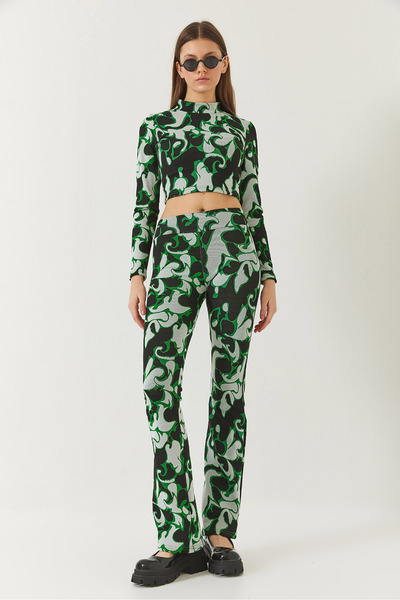 Bianco Lucci Γυναικείο μισό ζιβάγκο με μακρυμάνικο Crop πάνω κάτω κοστούμι με ελαστικό παντελόνι μέσης 60261375