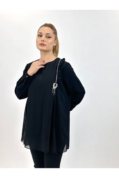 Ayda Triko Zero Collar Crepe and Chiffon Pleat - Stone Embellished Plus Size Blouse