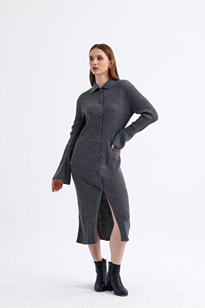 10NUMARAMODA Kadın Antrasit Bisiklet Yaka Kloş Mini Fitilli Kışlık Triko Elbise