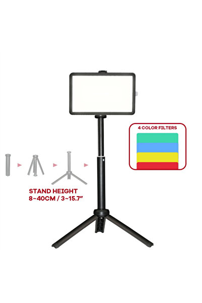 GOLDFOX لوحة إضاءة فيديو LED مقاس 6 بوصات مع حامل ثلاثي القوائم، ثنائية الألوان 3200K-5600K، 4 ألوان قابلة للتعتيم، إضاءة محيطة