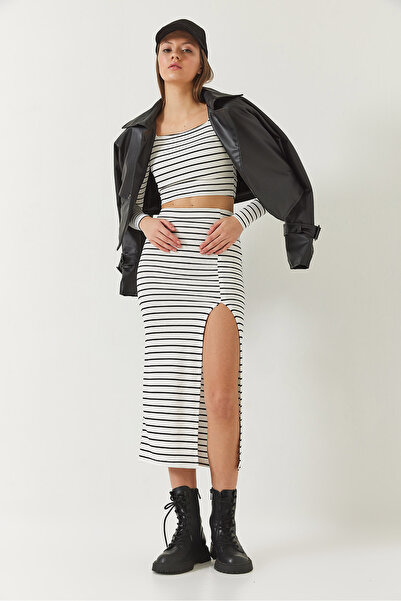Bianco Lucci Women's Square Neck Long Sleeve Slit Detail Striped Skirt Bottom-Top Set 60261083