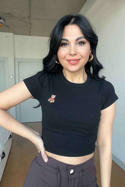 Seda Yalçın Atelier Black Teddy Bear Embroidered Crop