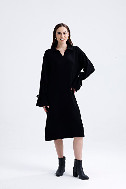 Askı Nişantaşı Black Crew Neck Hair Braided Knitwear Dress