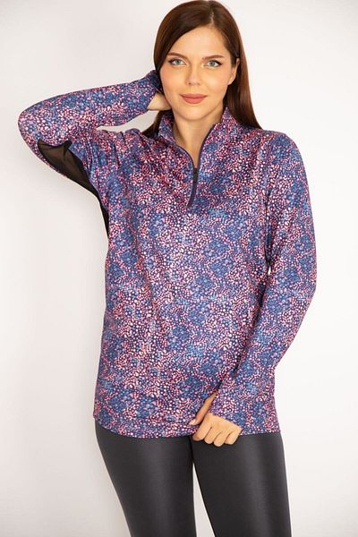 Şans Women's Large Size Colorful Front Placket Zippered Underarm Tulle Detailed Sports Swaetshirt 65n34944