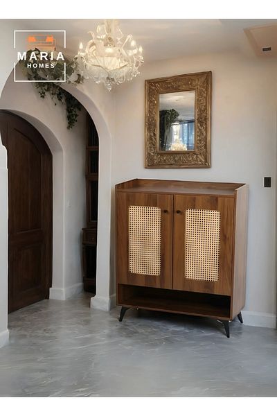 MARIA HOMES Modern Wooden Storage Cabinet – 100x94x33 cm – Rattan Doors, Metal Legs – Stylish for Home & Office
