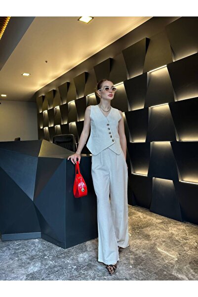 HARMONY GLOBAL Women's Stone Linen Fabric Buttoned Vest Trousers Suit 0004