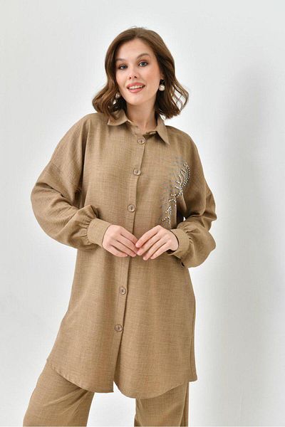 NİSUM MODA Σετ λινό με πέτρες στο μπροστινό μέρος