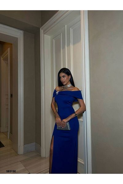 maf collection Rochie de seară cu guler Madonna albastru pentru femei, cu detaliu de piatră, lungime maxi, din țesătură scuba