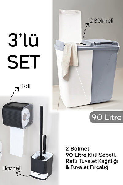 Meleni Home 3'lü Set - 90 Lt Kirli Çamaşır Sepeti Yapışkanlı Tuvalet Kağıtlığ...