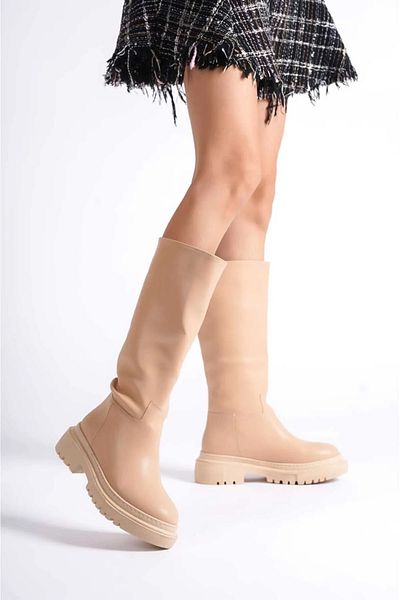 DS AYAKKABI Women's Nude Zippered Below Knee Heeled Boots
