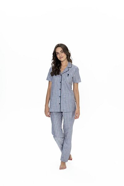 U.S. Polo Assn. Set de pijamale din bumbac 100% cu dungi, guler de cămașă