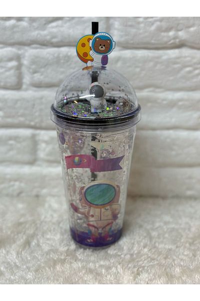 Zizu Colorful Mica Lighted Double Layer Glass Water Bottle with Straw 500 ml