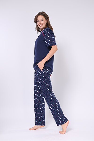 Mio Vero Navy Blue Fuchsia Green Polka Dot 100% Cotton Button Placket Lapel Short Sleeve Women's Pajamas Set with Pockets
