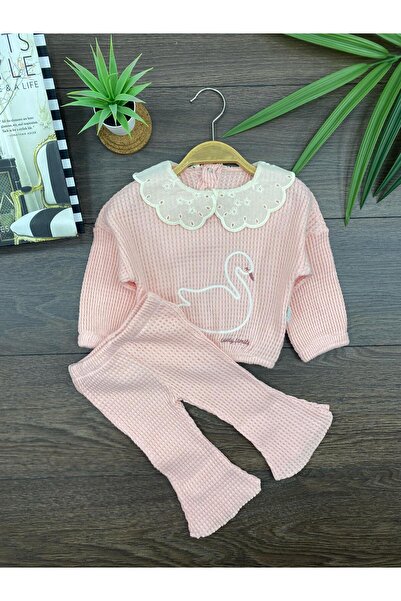 seanto KUGU BASKILI YAKASI DANTELLİ 2 Lİ KIZ TAKIM Pembe