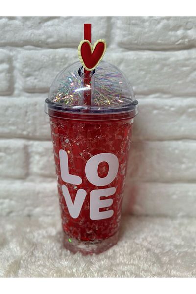 Zizu Colorful Mica Lighted Double Layer Glass Water Bottle with Straw 500 ml