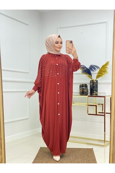 NİSUM MODA Stonered Sandy Dress with Sheath Sleeves