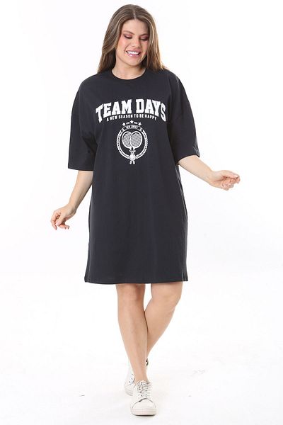 Şans Women's Large Size Navy Blue Front Printed Tunic Dress 65N37790