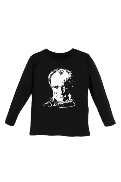 kısmet sepeti Hanorac negru cu mânecă lungă, cu imprimeu Atatürk și detaliu s...