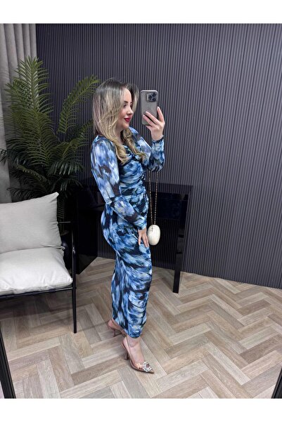 Byelifdursun Drapeli Tül Elbise Mavi