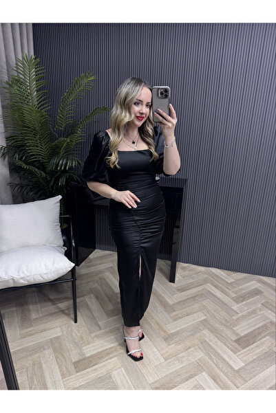 Byelifdursun Güldefne Balon Kol Drapeli Özel Saten Kumaş Elbise Siyah