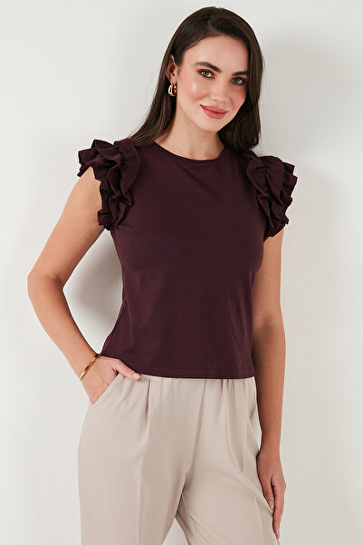 Lela Cotton Sleeves Frilly Slim Fit Crew Neck T Shirt T SHIRT5864500