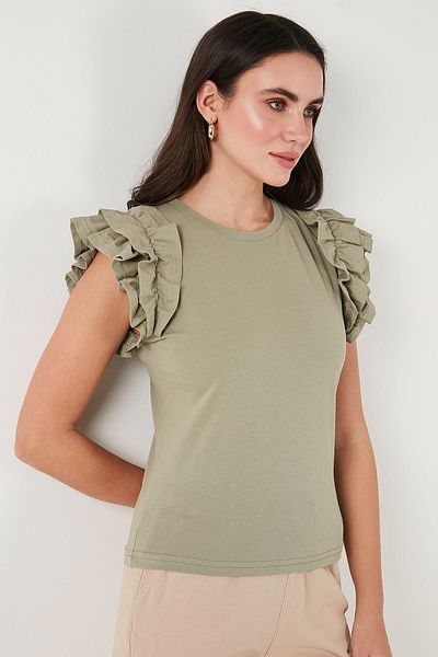 Lela Cotton Sleeves Frilly Slim Fit Crew Neck T Shirt T SHIRT5864500