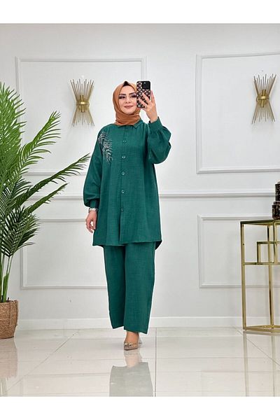 NİSUM MODA Σετ λινό με πέτρες στο μπροστινό μέρος