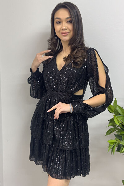 zks grup tekstil Women's Mini Evening Dress with Sequins - Low Back, Silver Saks Beige Red Black