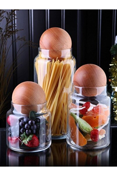 Genel Markalar 3'lü Cam Kavanoz Seti Çerezlik Baharatlık Ahşap Top Kapaklı Sa...