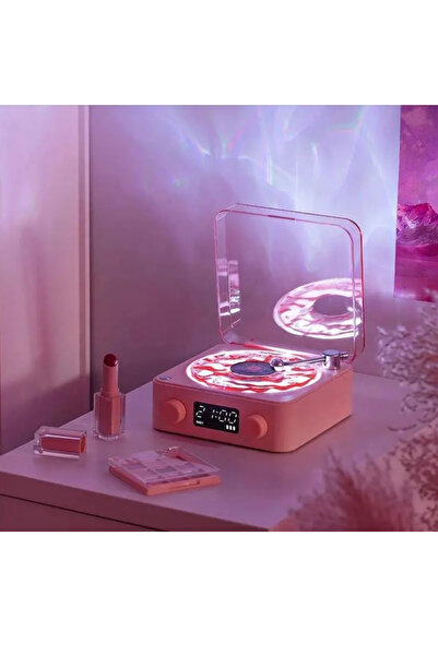 Kensa Mini Nostalji Plak Görünüm Dekor Waves Bluetooth Işıklı Müzik Çalar Saat Tf Kart Aux Özellikli