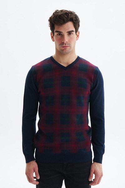 Arma Navy Blue Slim Fit Men's Sweater Fabric - V-Neck Checkered K0Kro0860