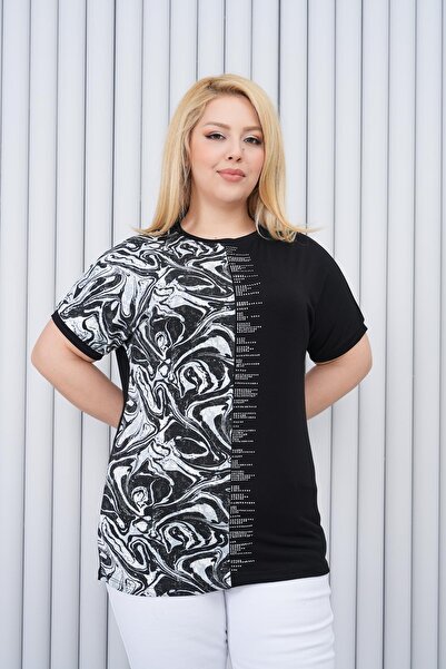 Siyezen Plus Size Oversize Blouse with Pattern and Stones
