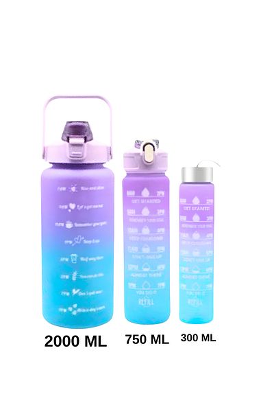 Vekorr 3L Motivational Water Bottle Set - Colorful Beverage Flask with Lid 2000ml 750ml 300ml