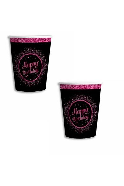 parti sürprizi Pink Black Happy Birthday Cardboard Plate 8 Pieces
