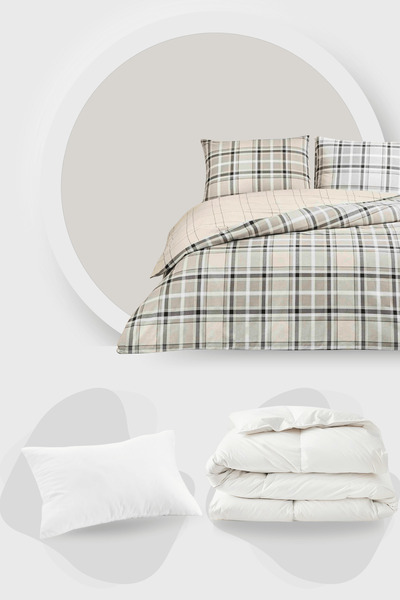 Taç Caleb Gray Ranforce Single Duvet Cover + Quilt + Silicone Pillow