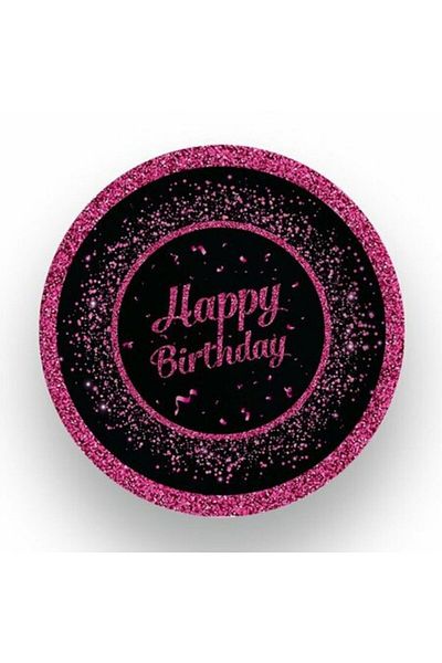 parti sürprizi Pink Black Happy Birthday Cardboard Plate 8 Pieces