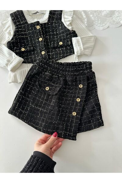 Minigimin Cicileri 3-Piece Suit with Shorts Skirt with Tweed Pockets for Girl - Black Yellow