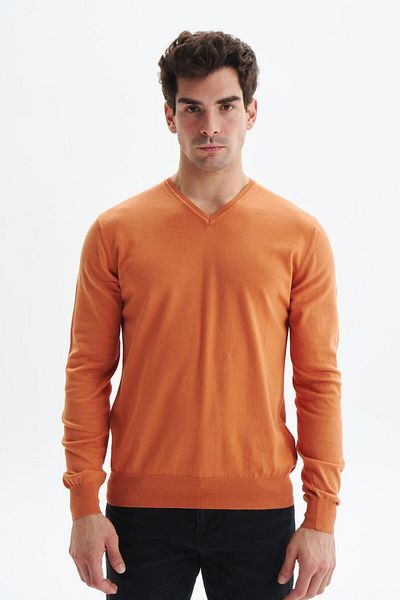 Arma Men's Orange Slim Fit Lycra Cotton Knitted V-Neck Sweater K0Kro0854