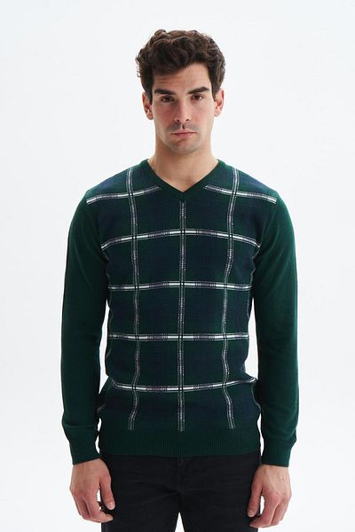 Arma Men's Green Slim Fit V-Neck Checked Sweater - K0Kro0860
