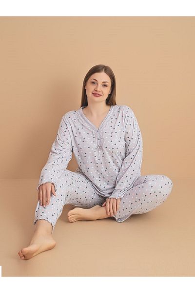 Temporium Women's Large Size Patterned Buttoned Collar Long Sleeve Bamboo Pajama Set