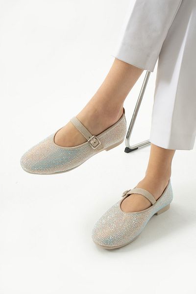 Neva'nın Butiği Glitter Round Toe Flat Sole Daily Use Ballerinas - Beige