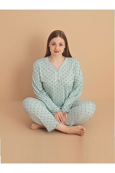 Temporium Women's Large Size Patterned Buttoned Collar Long Sleeve Bamboo Pajama Set