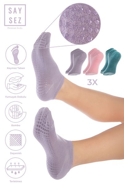 SAYSEZ Bamboo Women - Pink/Lilac/Water Green Silicone Pilates Yoga Fitness Booties with Anti-Slip Soles Set of 3
