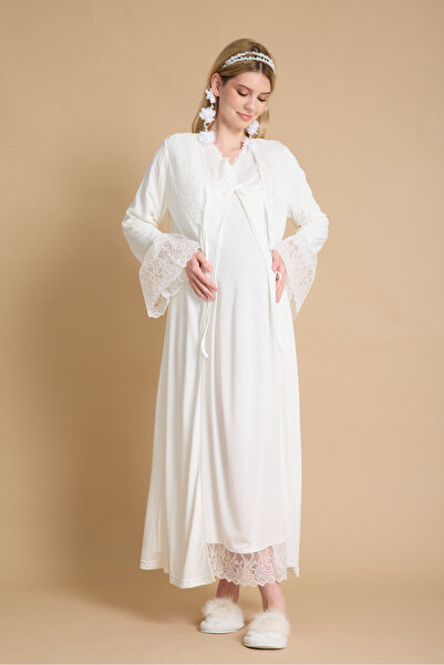 venera Maternity Pajama Set with Hidden Breastfeeding Feature 4 Piece Maternity Set Elegant Set with Lace Detail