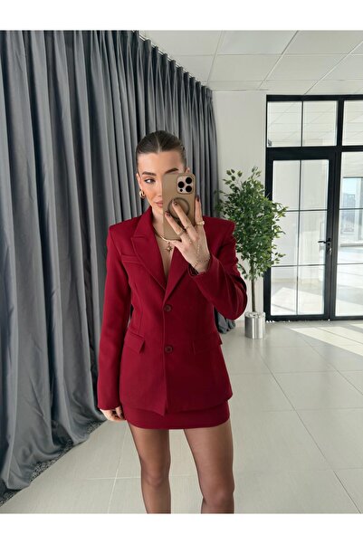 CKBUTİK Bordo Blazer Ceket-Etek Takım