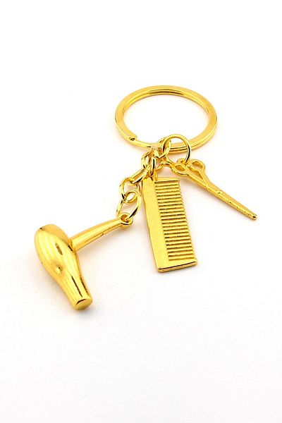 Solfera Yellow Gold Blow Dry Comb Scissors Hairdresser Barber Metal Keychain Kc176