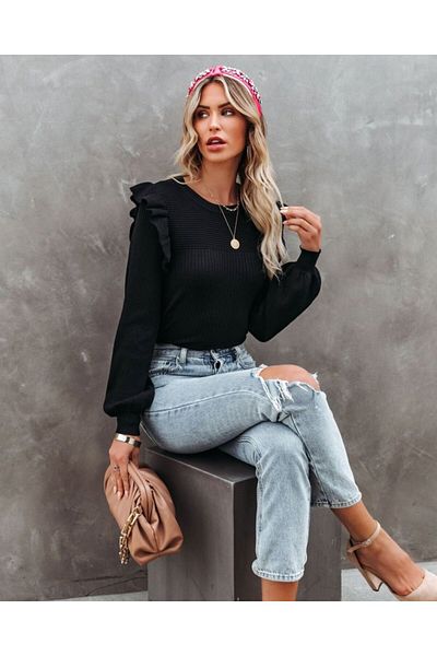 İpeksi Silky Women's Long Sleeve Crew Neck Ruffled Shoulders Knitwear Blouse