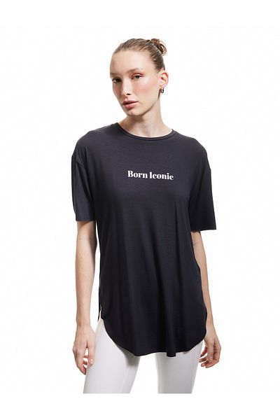 Koton Viscose Short Sleeve Slogan Printed Oversize Sports T-Shirt