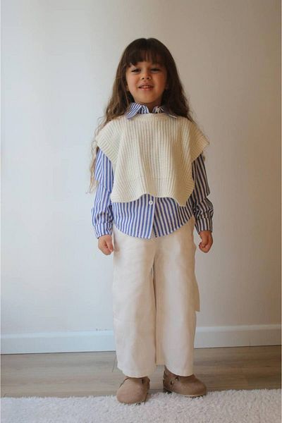 sinmm Blue and White Girl's 3-Piece Set: Gabardini Pantalon Shirt and Knitwear