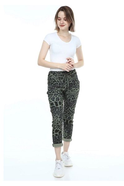 AYASOFYA OTANTIK Women's Italian Khaki Leopard Pattern Waist Tied Skinny Trousers